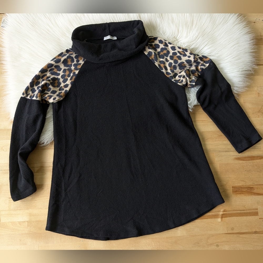 {Carol Christian} Cozy Cowl Neck Top With Leopard Print Accents